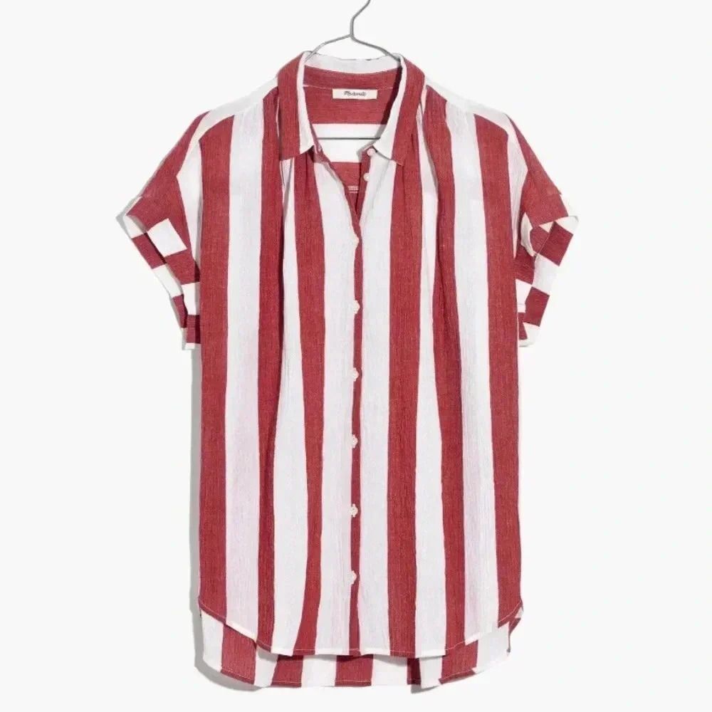 Madewell Red and White Vertical Stripe Button-Up Blouse